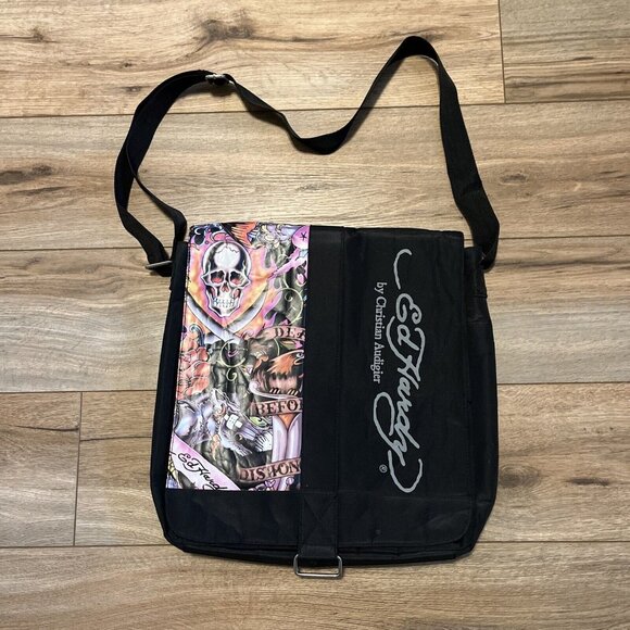 Ed Hardy Canvas Crossbody Messenger Bag Skeleton Eagle Panther Black